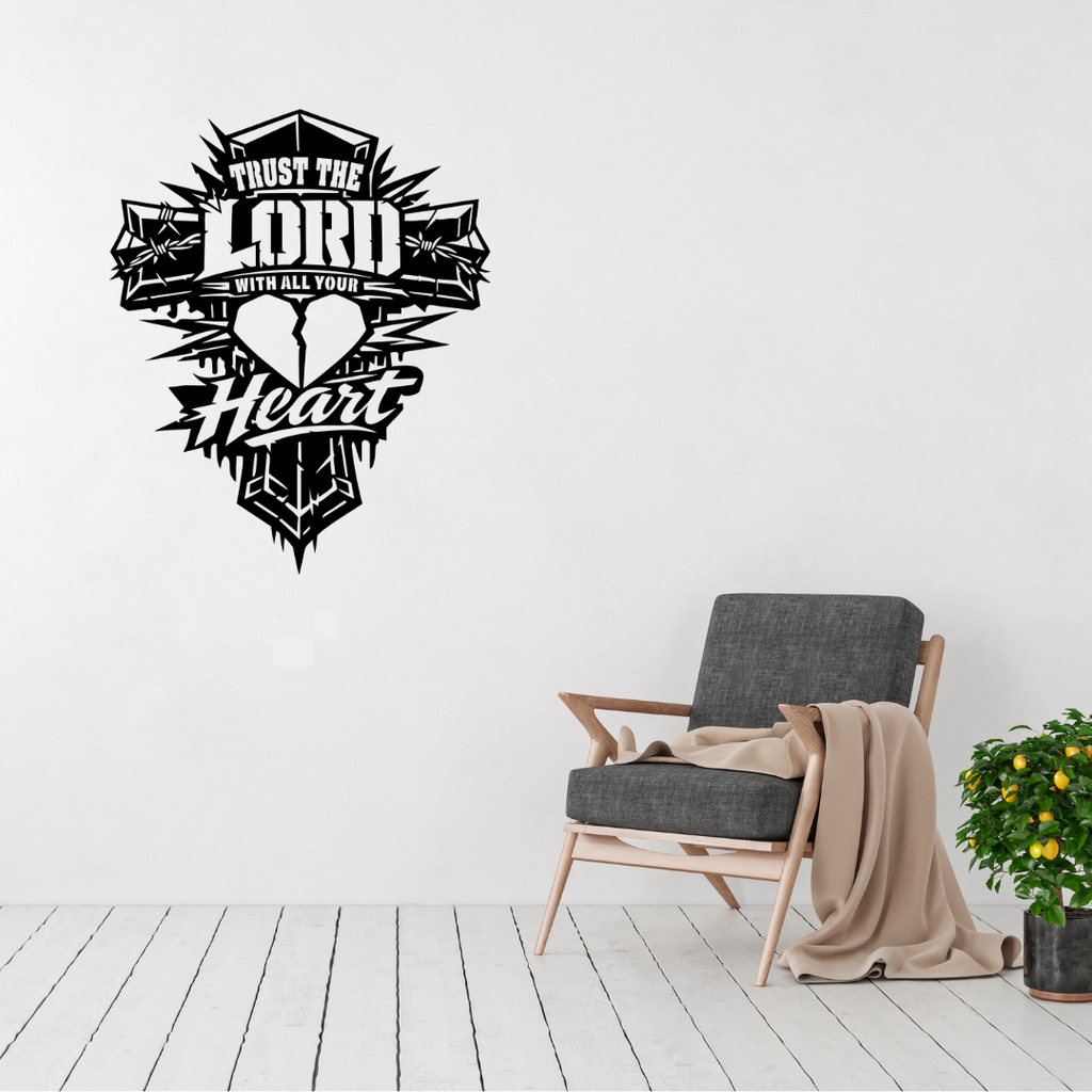 Trust the Lord cross metal wall art displayed above a contemporary chair