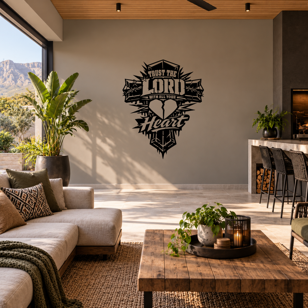 Trust the Lord cross metal wall art displayed in a modern interior