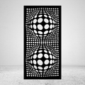 Twin Orbit 3D optical illusion metal privacy screen with two spherical forms and circular cut-out pattern