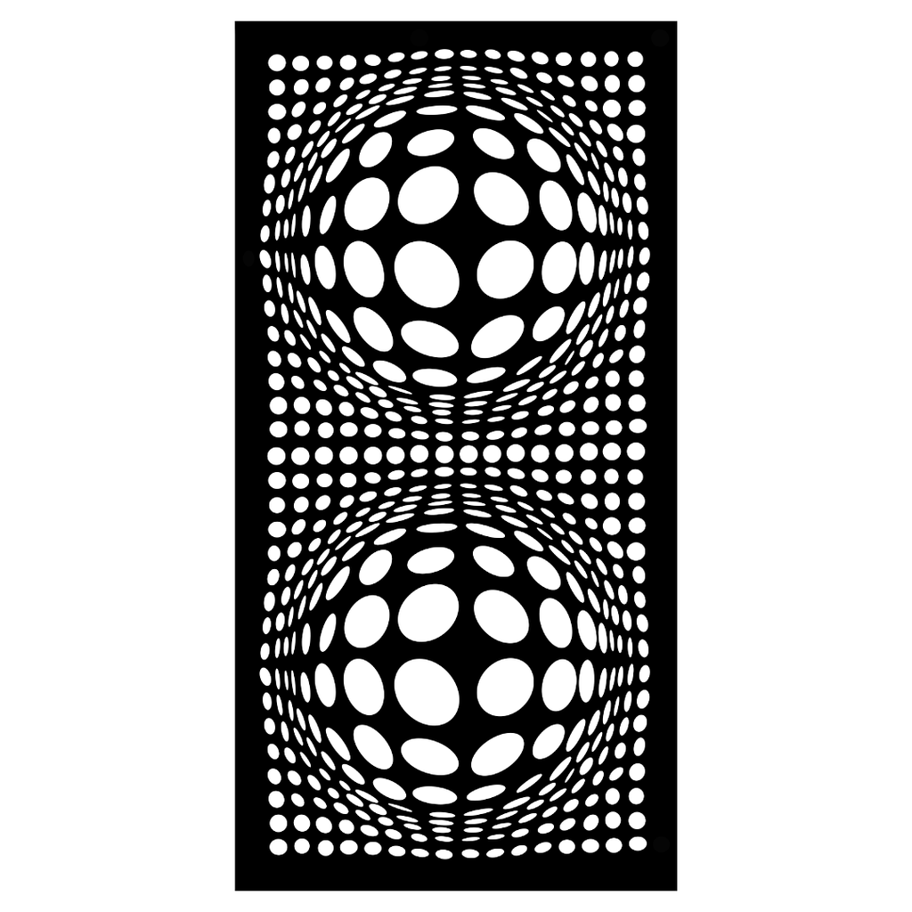 Twin Orbit decorative metal privacy panel isolated on a white background showing its psychedelic 3D sphere design