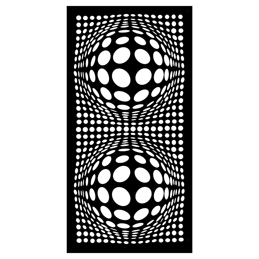 Twin Orbit decorative metal privacy panel isolated on a white background showing its psychedelic 3D sphere design