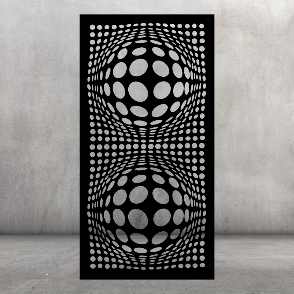 Twin Orbit contemporary metal privacy screen displayed against a dark grey wall with two hypnotic spherical patterns