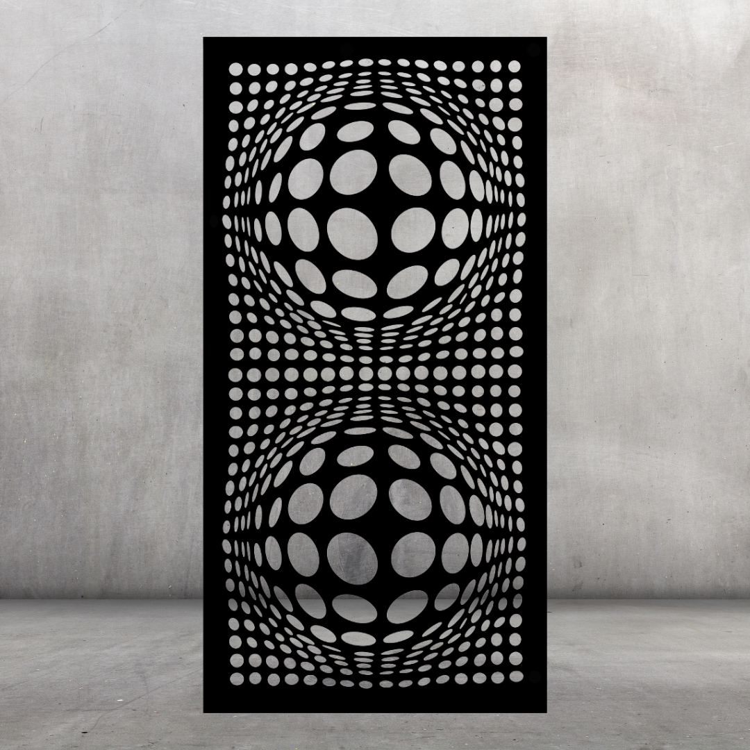 Twin Orbit contemporary metal privacy screen displayed against a dark grey wall with two hypnotic spherical patterns