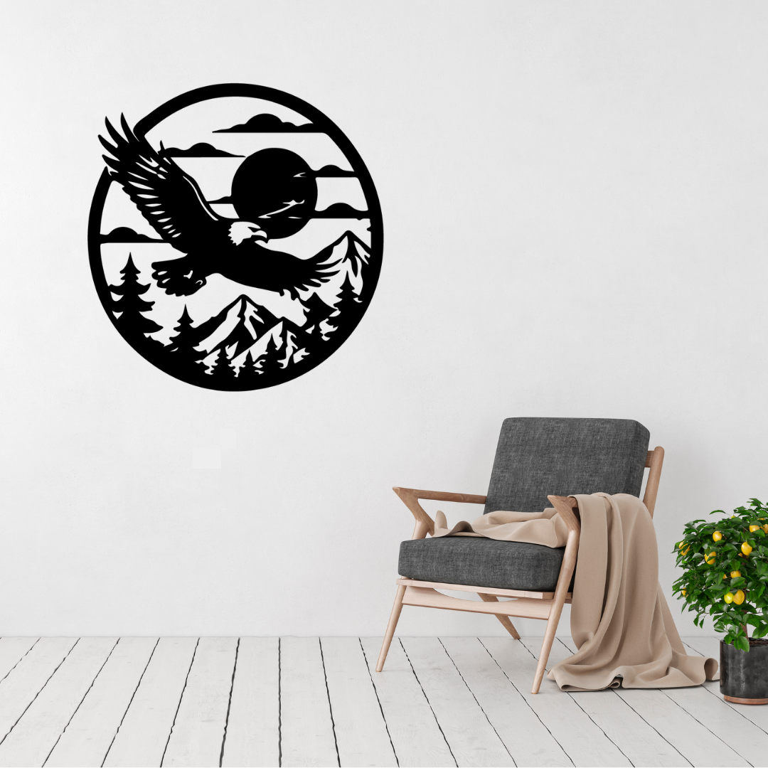 Unbound Spirit powerful eagle metal wall art displayed above a contemporary chair