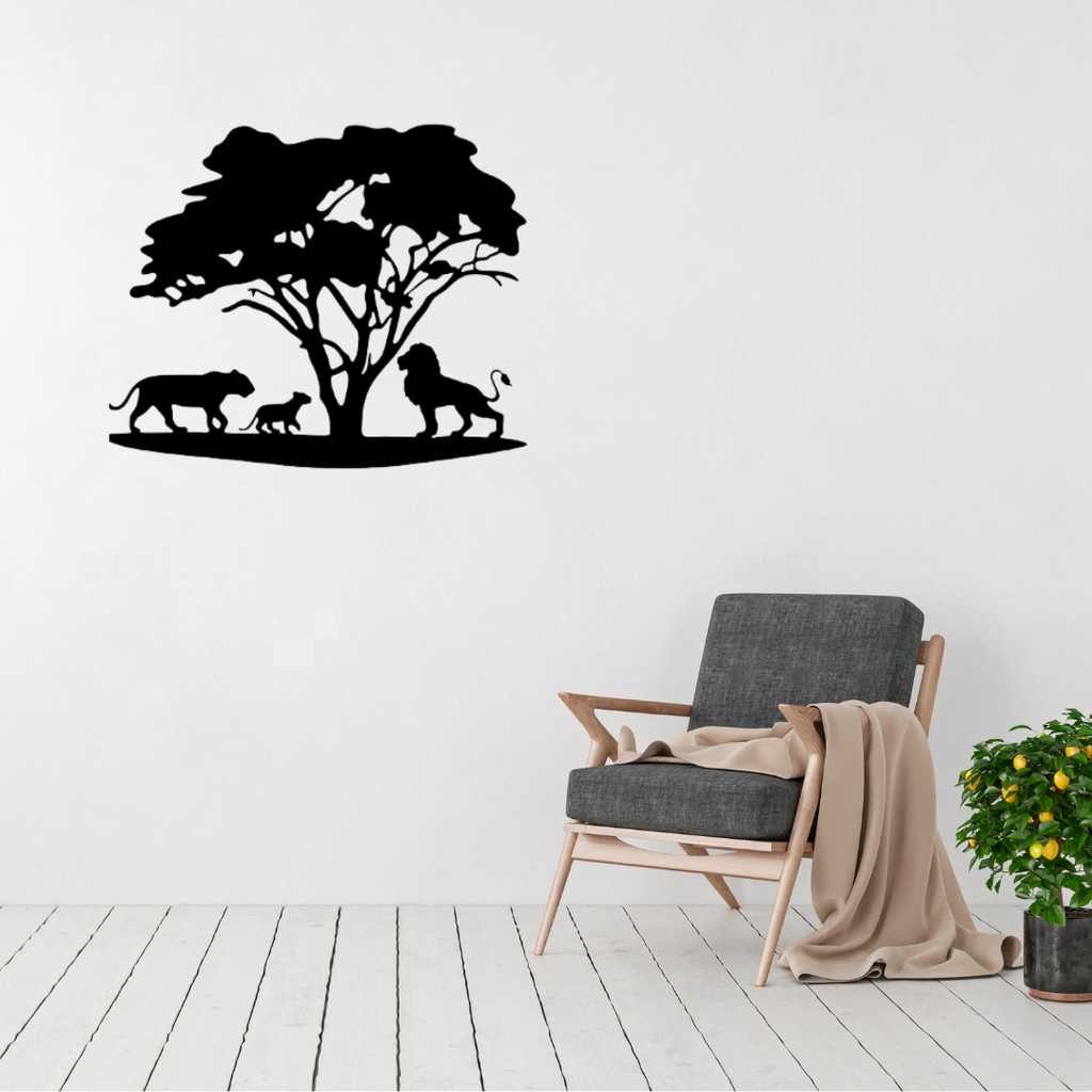 Under the Acacia | African Lion Family Metal Wall Art displayed in a modern living room.