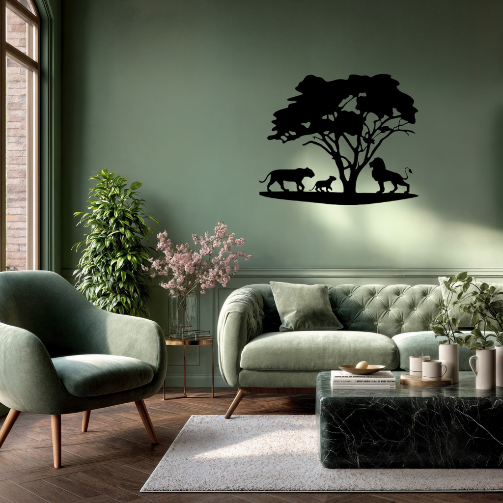 Under the Acacia | African Lion Family Metal Wall Art mounted above a contemporary sofa in a stylish living room.