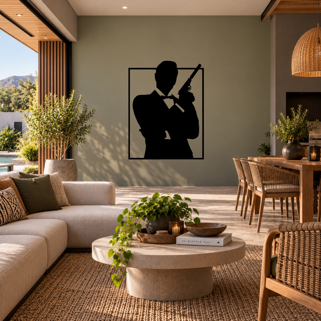 Undercover secret agent metal wall art displayed in a modern room with contemporary interior décor