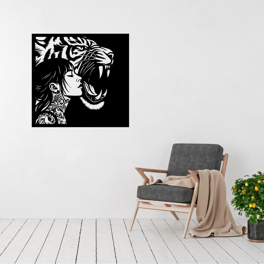 Untamed Spirit | Tiger & Woman Metal Wall Art displayed in a contemporary living room.