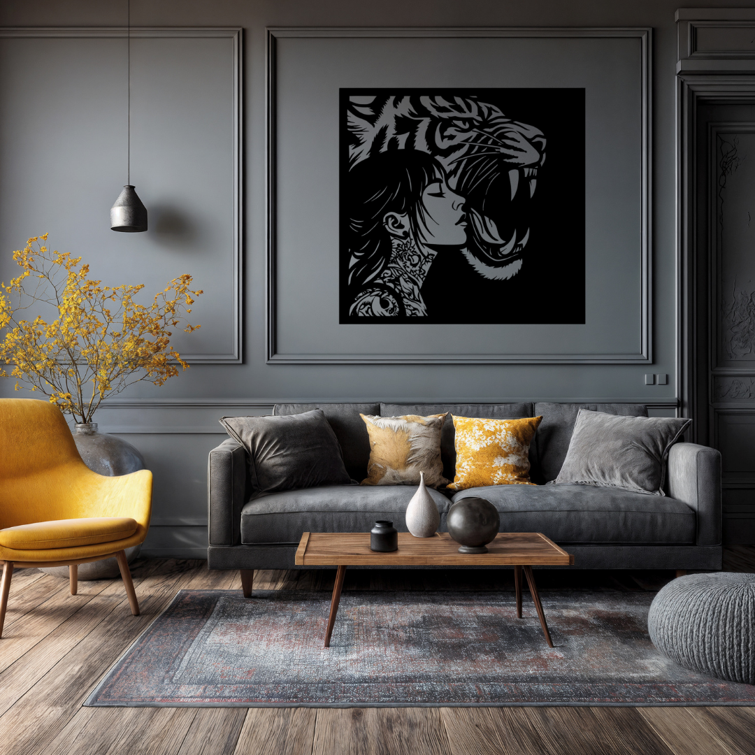 Untamed Spirit | Tiger & Woman Metal Wall Art mounted above a modern sofa in a luxury living room.