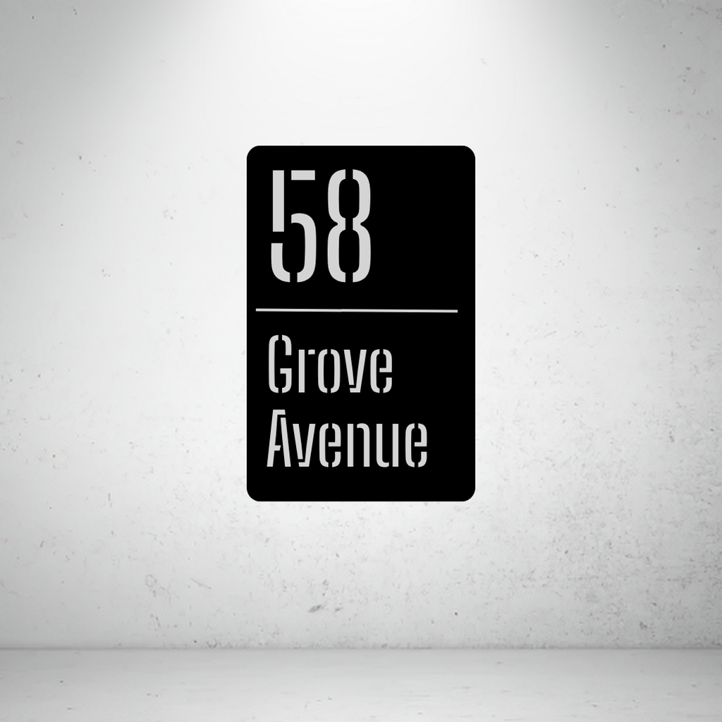 Metal house number vertical sign on a grey background with minimalist modern styling