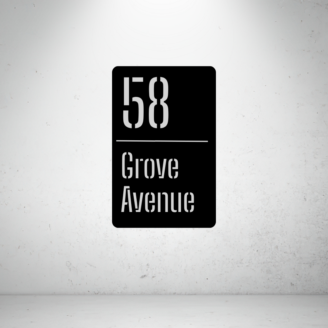 Metal house number vertical sign on a grey background with minimalist modern styling
