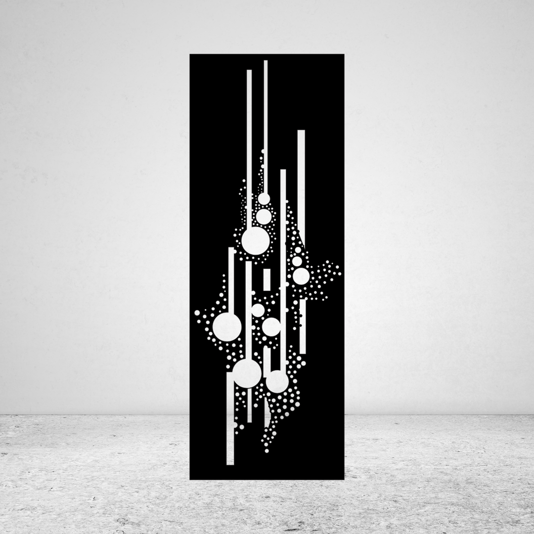 Urban Pulse abstract metal privacy screen featuring vertical lines, circular shapes and clusters of small dot patterns