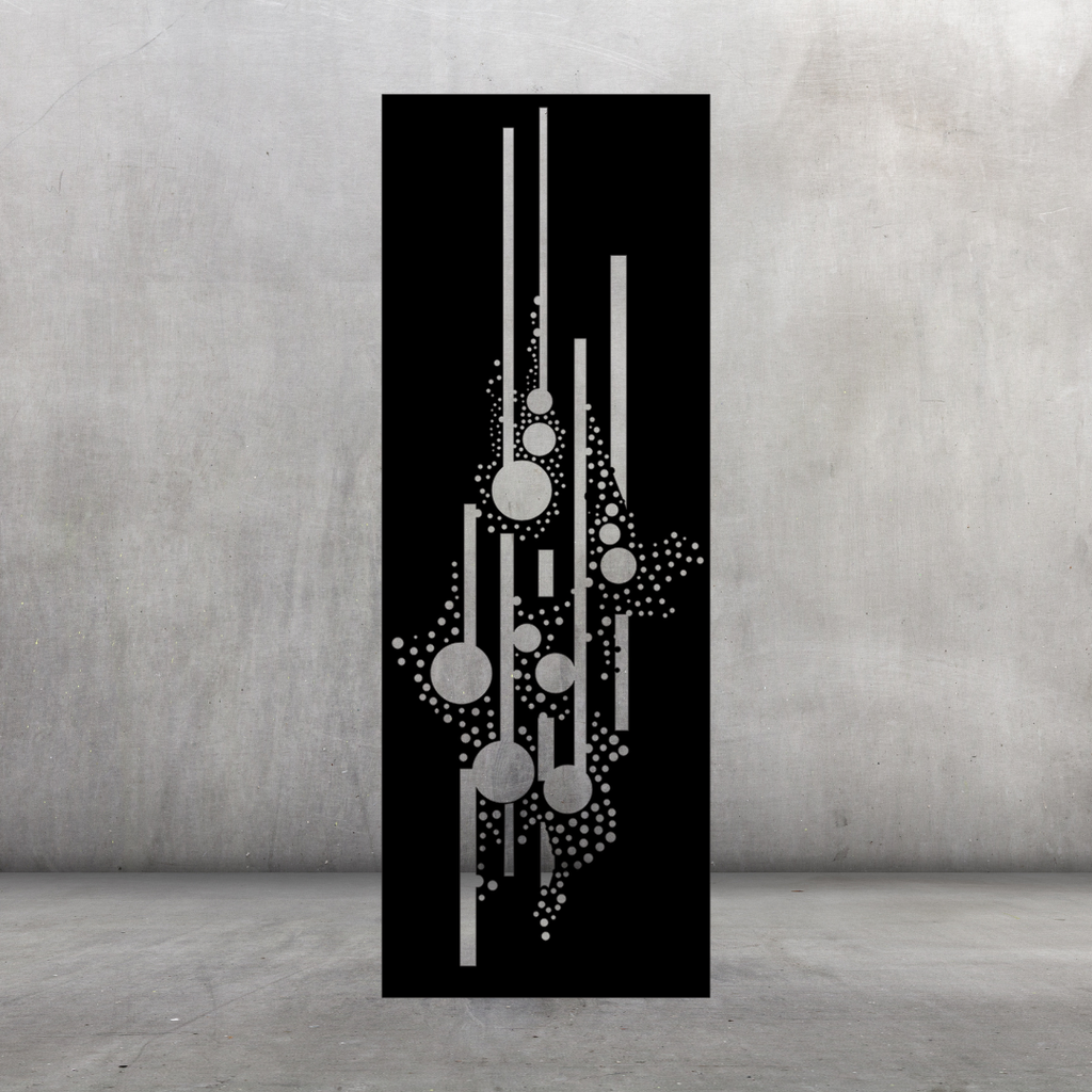 Urban Pulse decorative metal privacy screen displayed against a dark grey wall with modern abstract geometric pattern