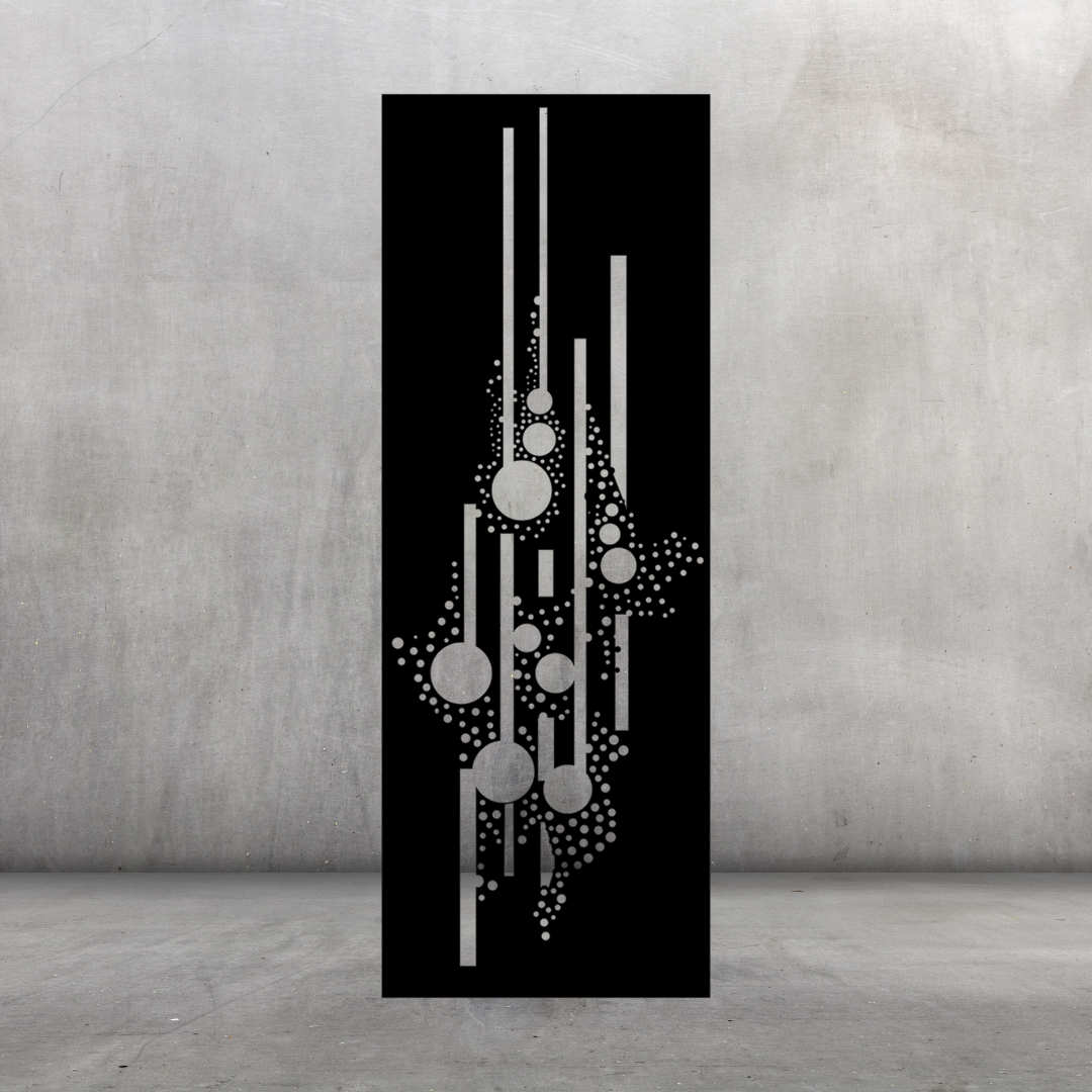 Urban Pulse decorative metal privacy screen displayed against a dark grey wall with modern abstract geometric pattern