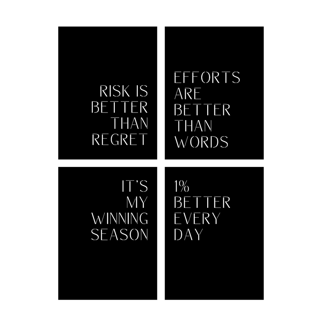 Close-up of the Winning Mindset laser-cut metal wall art set showcasing four motivational typography panels with inspiring success-focused messages.