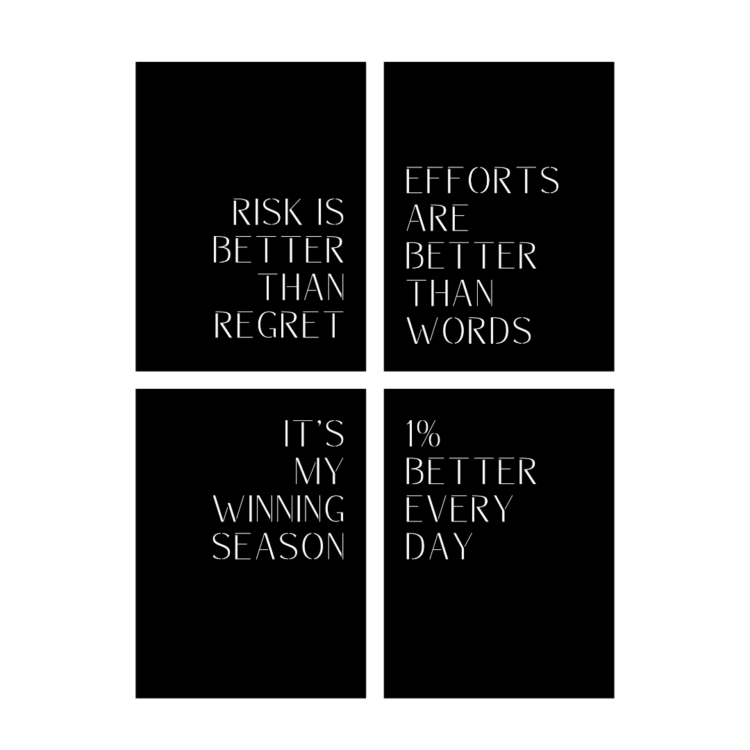 Close-up of the Winning Mindset laser-cut metal wall art set showcasing four motivational typography panels with inspiring success-focused messages.