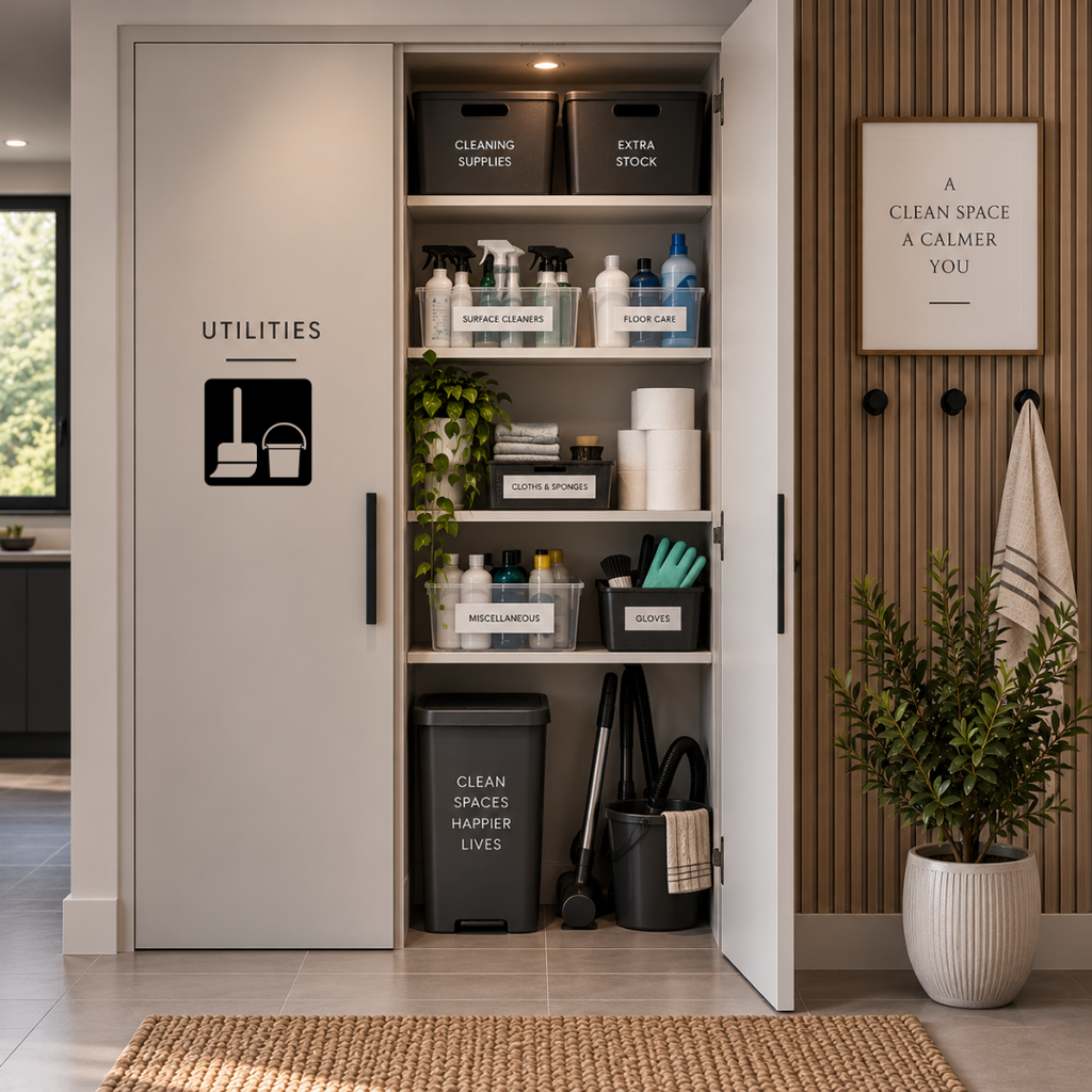 Utility Essentials Utilities Closet metal sign displayed on a cabinet door in a stylish modern home utility area