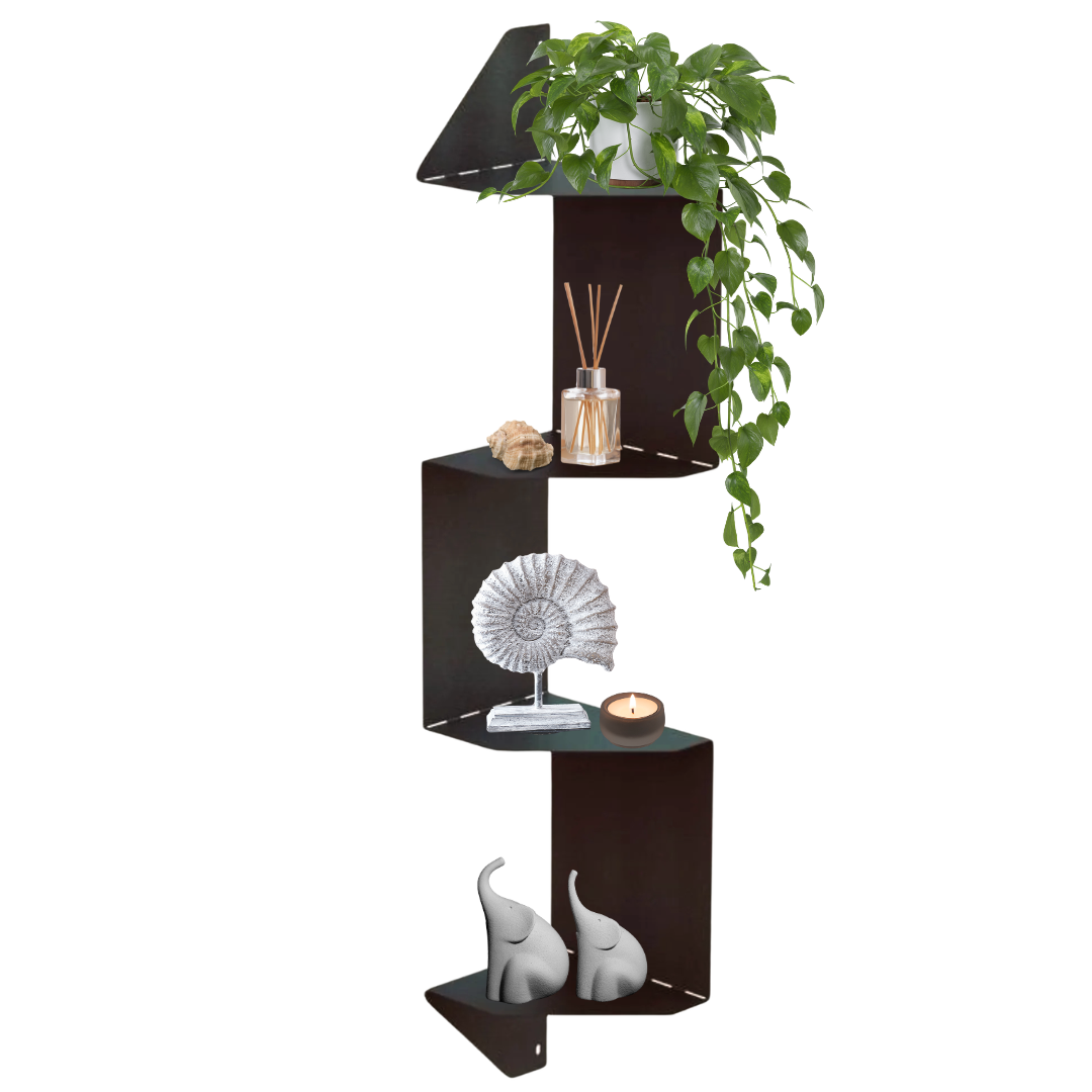 Vertex Corner Shelf featuring a modern multi-level metal corner shelving design