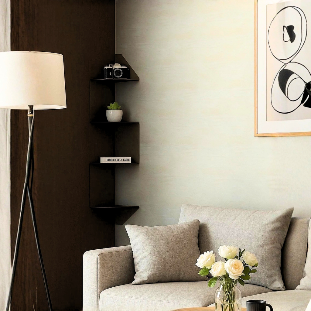 Multi-tier corner wall shelf used as decorative storage in a modern interior
