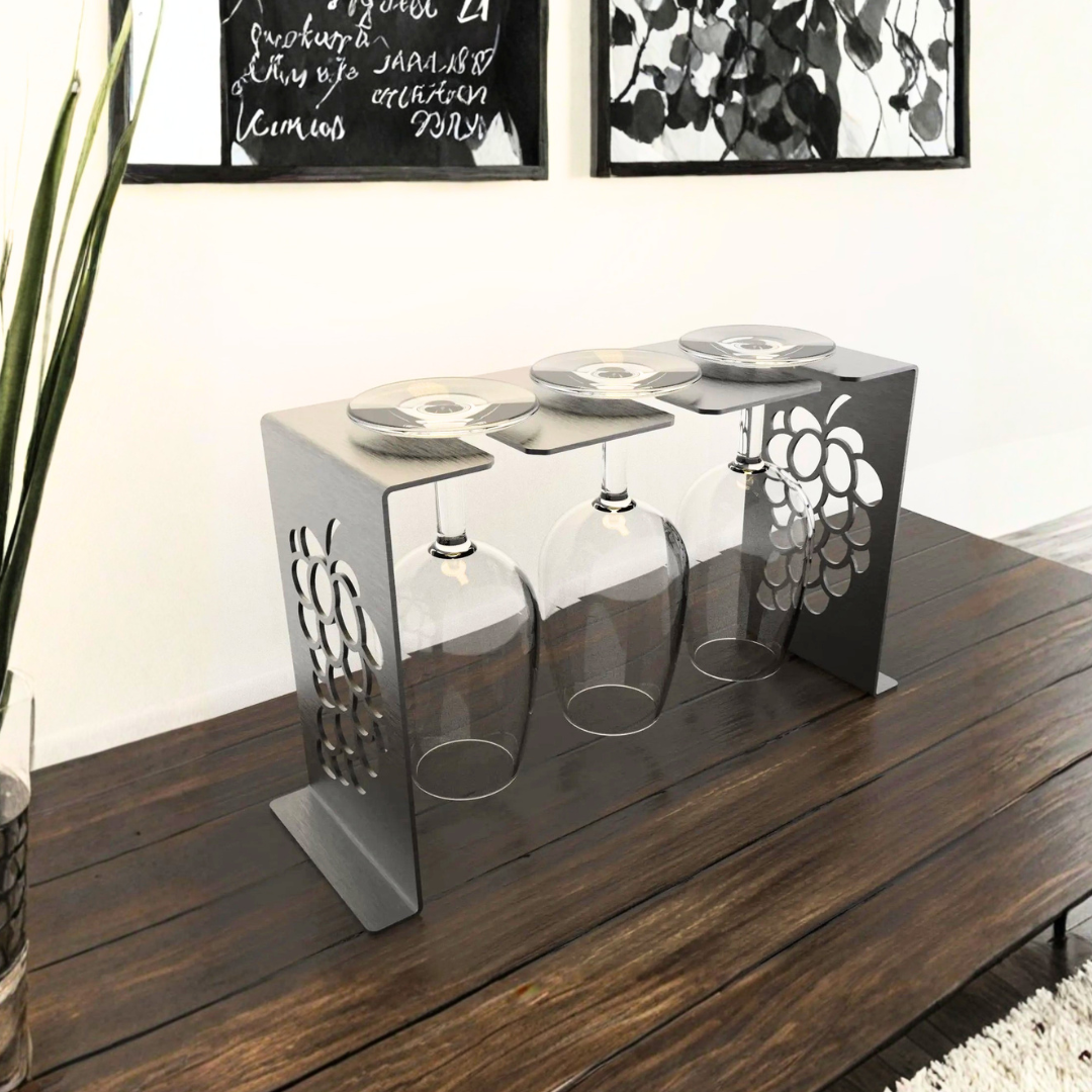 Modern tabletop wine glass holder with decorative grapevine side panels