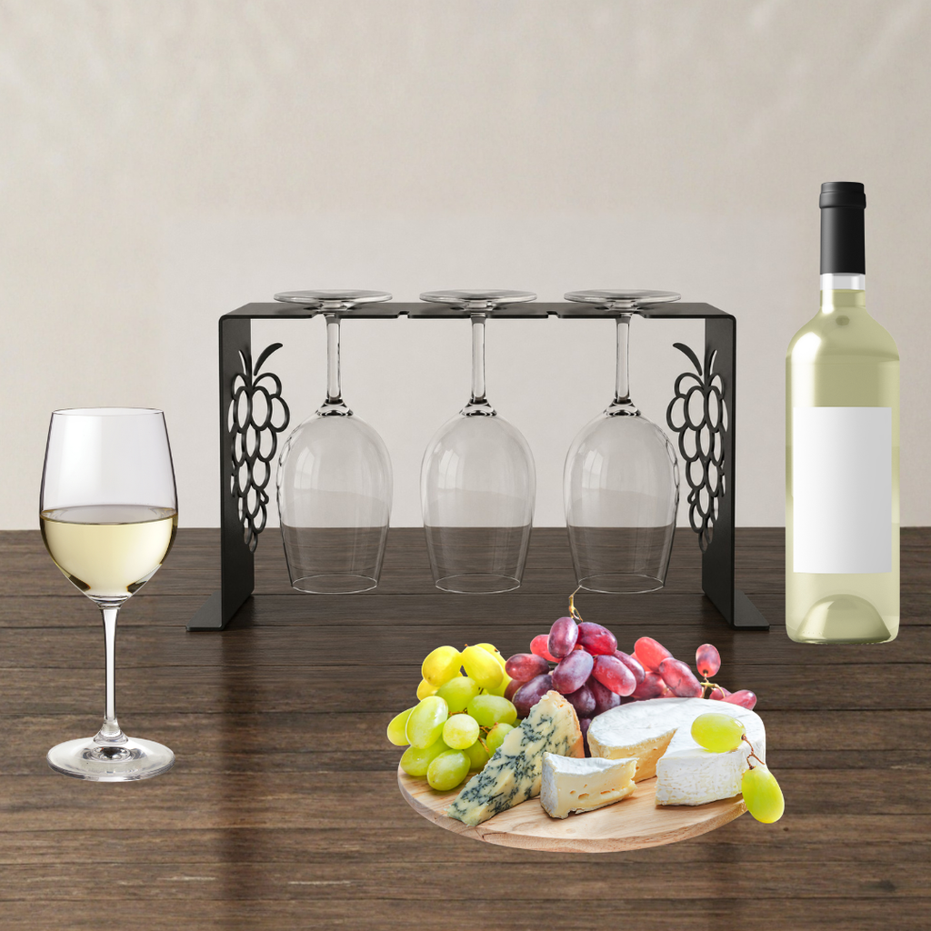 Powder-coated steel wine glass stand holding three stemmed wine glasses