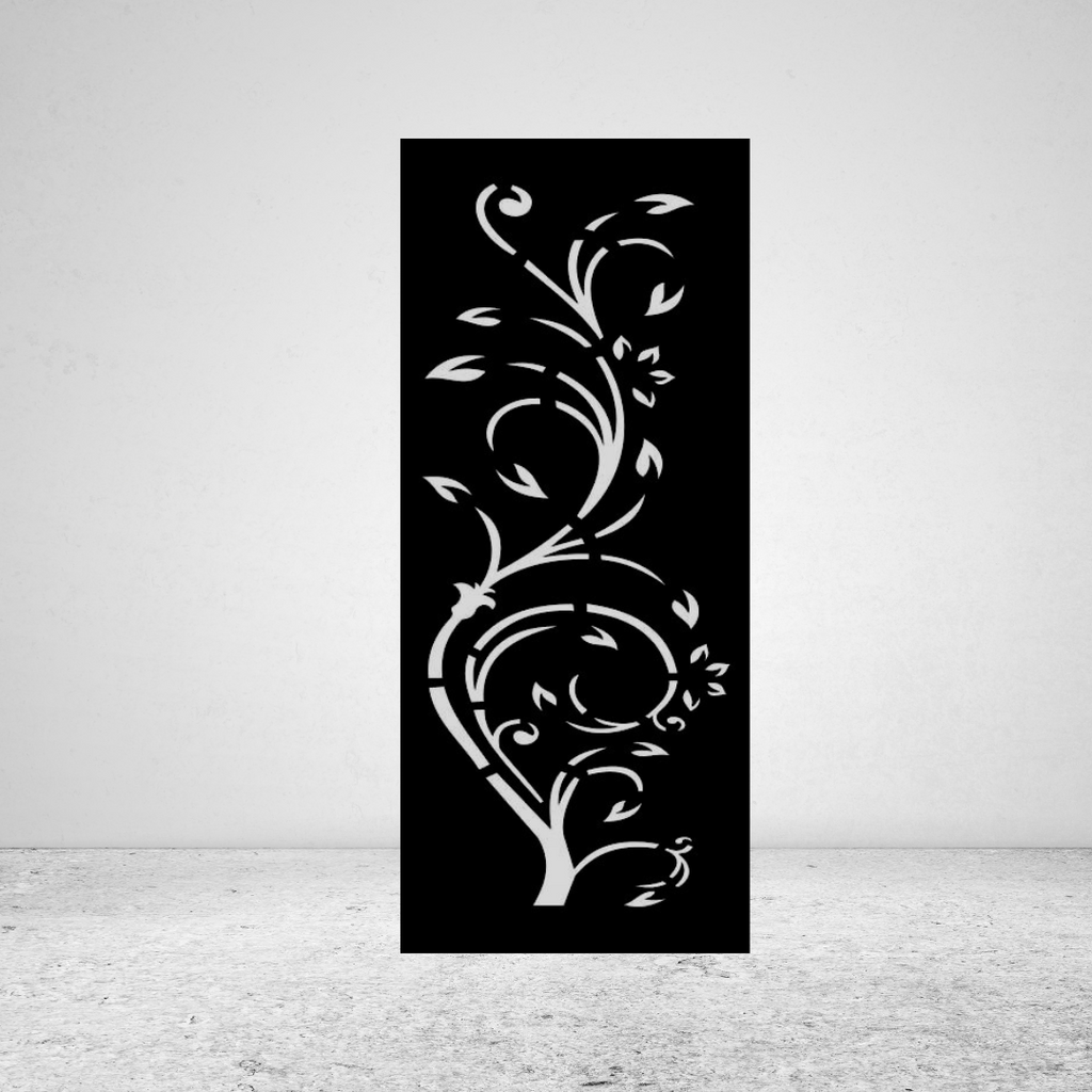 Vine Whisper botanical metal privacy screen against a light grey wall with elegant flowing vine design