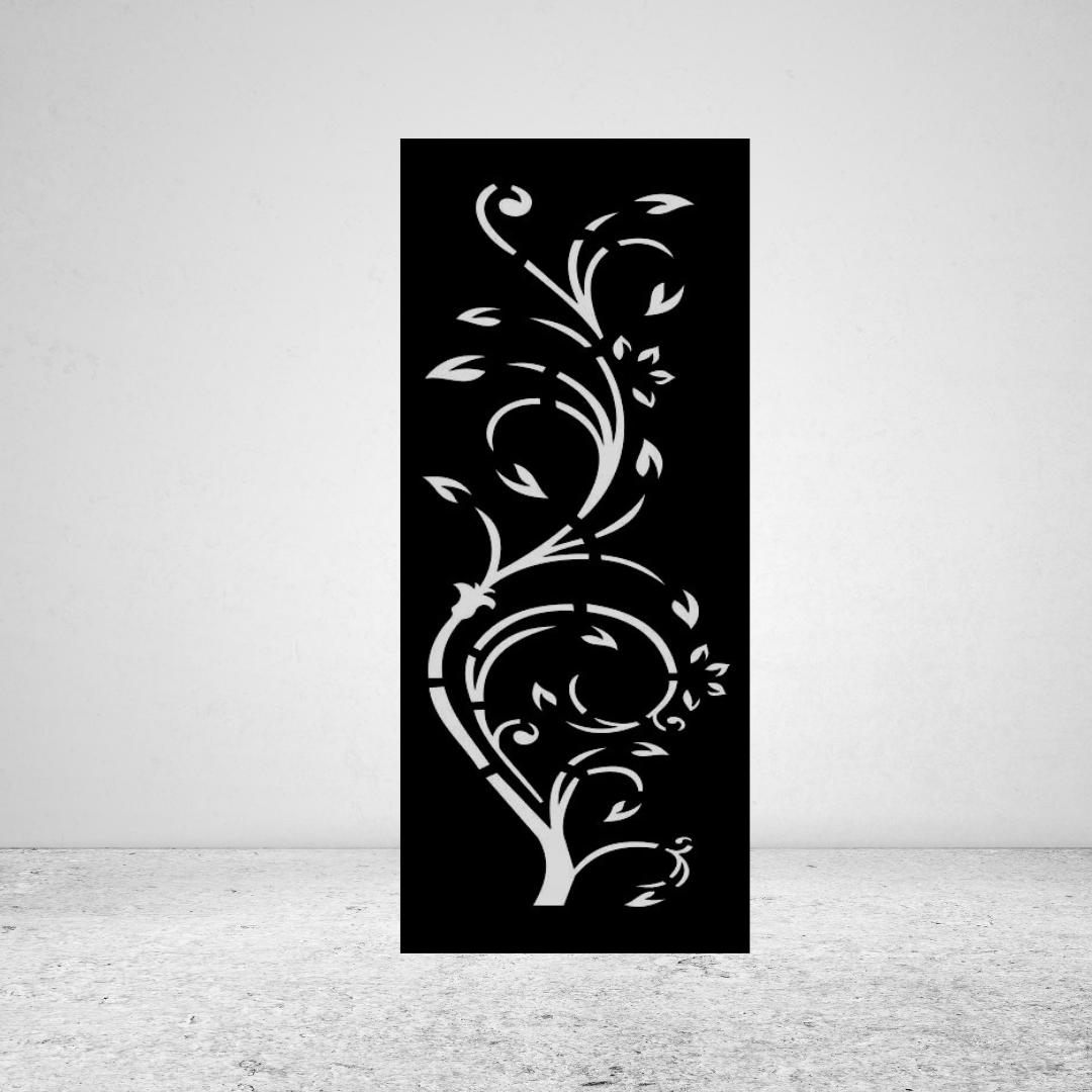 Vine Whisper botanical metal privacy screen against a light grey wall with elegant flowing vine design
