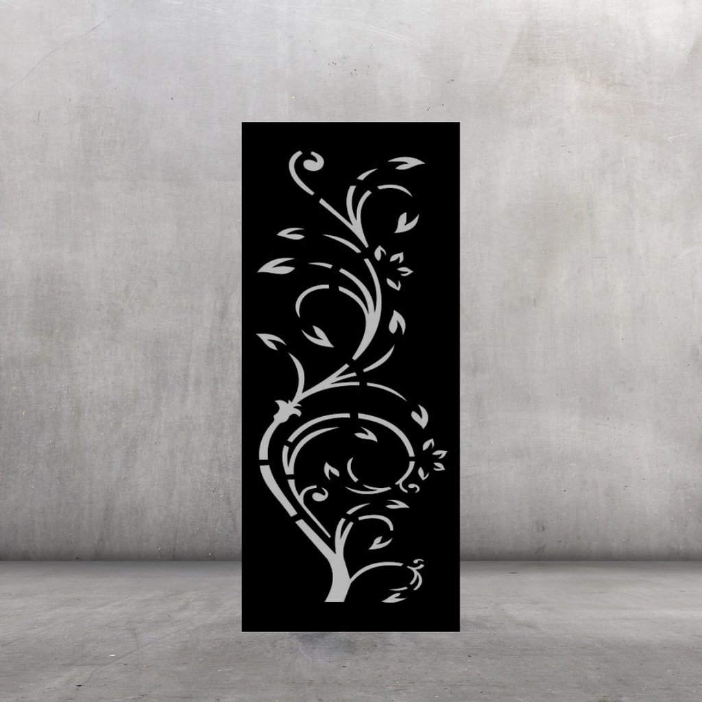 Vine Whisper nature-inspired metal privacy screen displayed against a dark grey wall with graceful botanical pattern