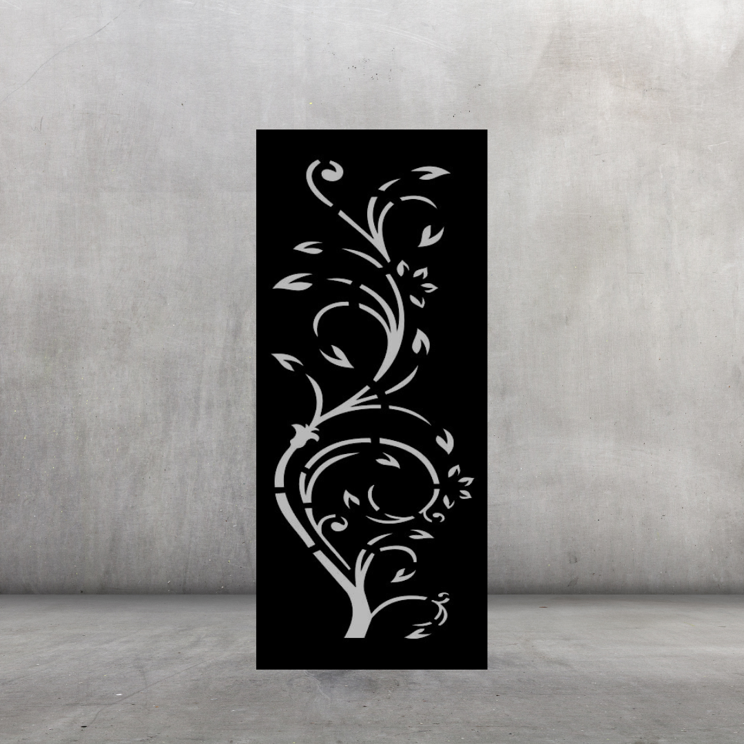 Vine Whisper nature-inspired metal privacy screen displayed against a dark grey wall with graceful botanical pattern