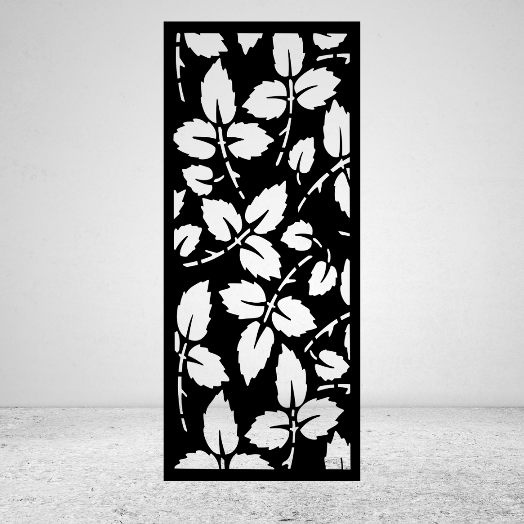 Vinewood botanical metal privacy screen with flowing stems and layered leaf cut-out pattern