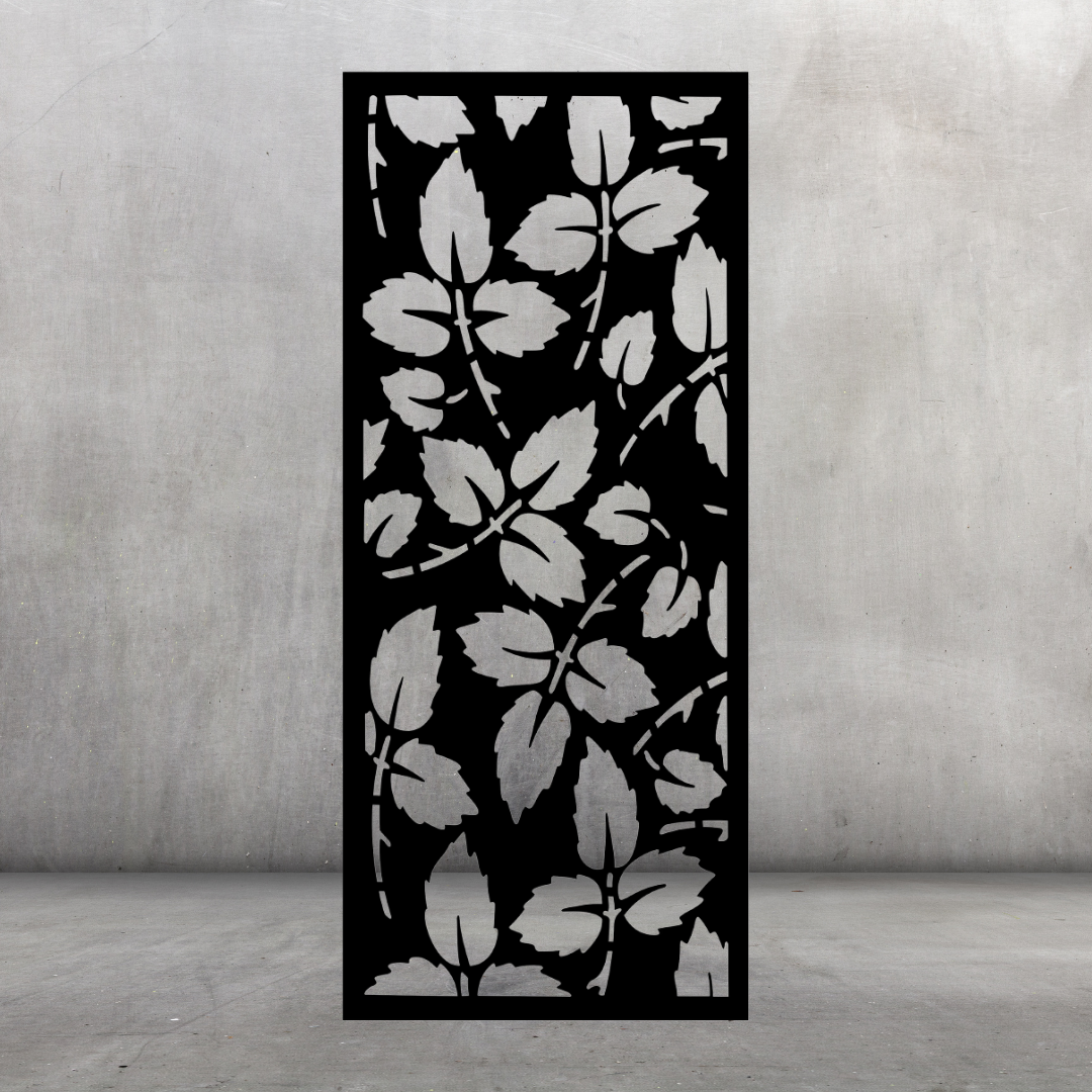 Vinewood nature-inspired metal privacy screen displayed against a dark grey wall with flowing branches and botanical leaves