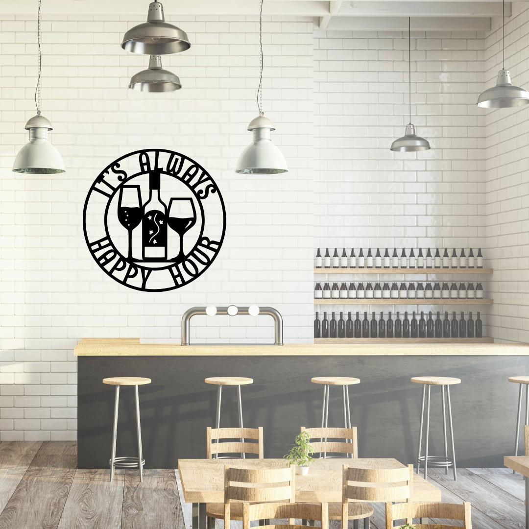 Vineyard Gatherings | It's Always Happy Hour Metal Wall Art displayed in a modern home bar.