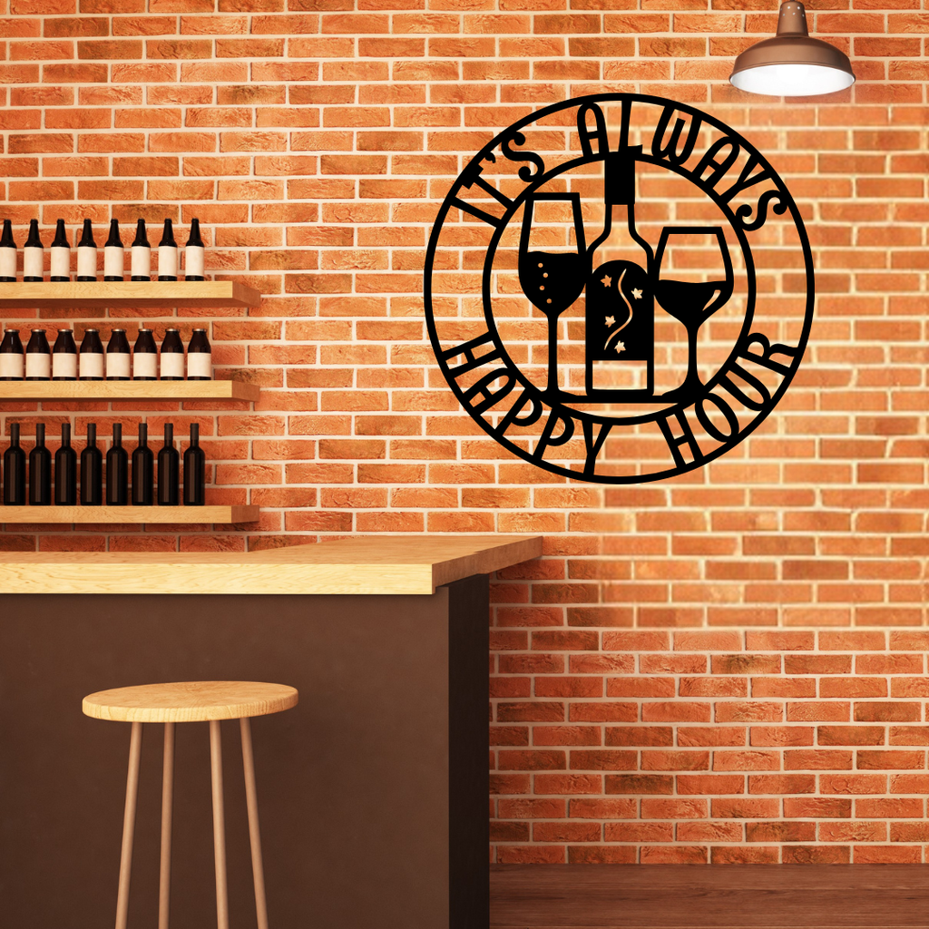 Vineyard Gatherings | It's Always Happy Hour Metal Wall Art mounted on a brick feature wall in a stylish home bar.