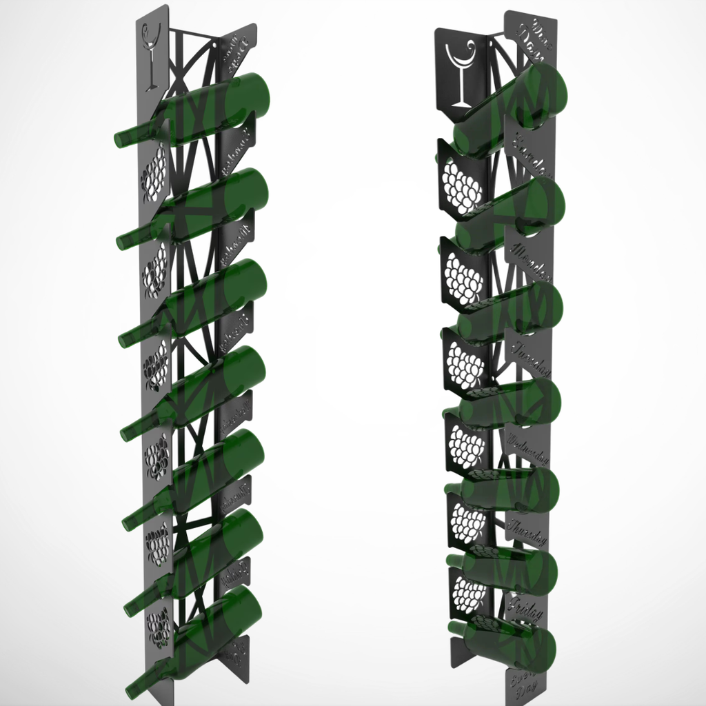 Modern vertical wall-mounted wine rack showcasing wine bottles in a contemporary entertainment area