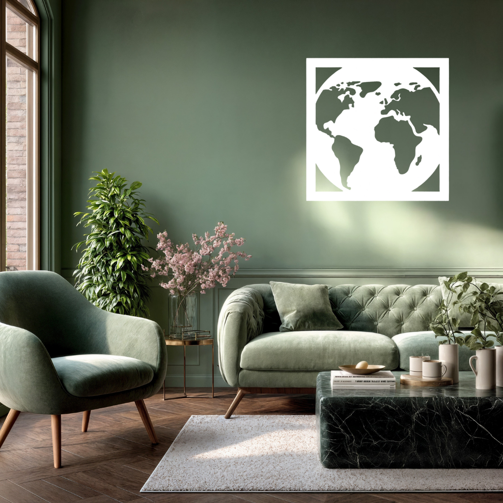 Wanderlust World | World Map Metal Wall Art showcased above a contemporary sofa, adding a modern travel-inspired focal point with a minimalist world map in precision-cut black metal.