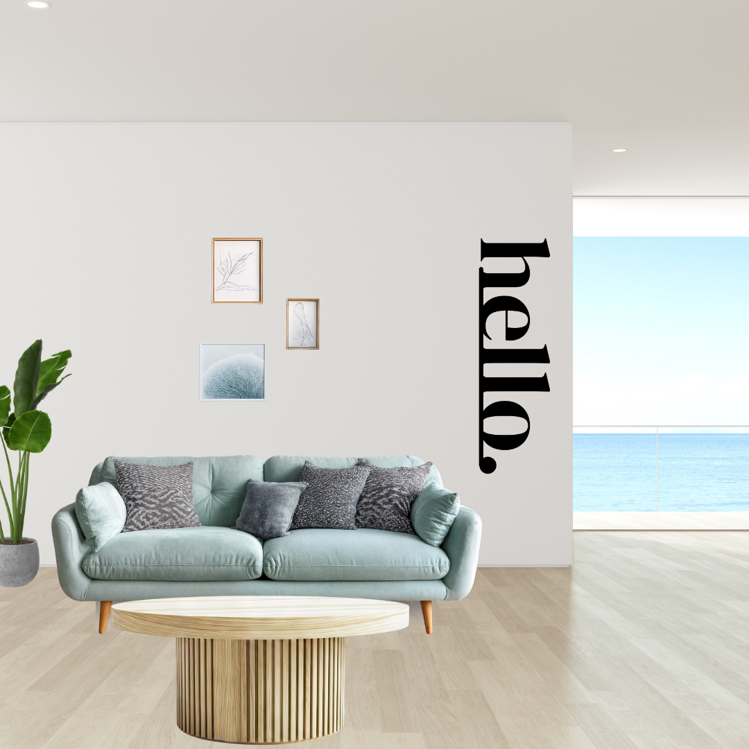 Warm Welcome | HELLO Vertical Metal Wall Sign mounted beside a contemporary living room feature wall.