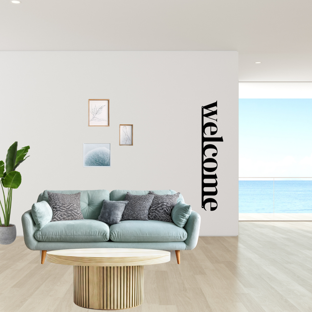 Warm Welcome | Welcome Metal Wall Sign showcased beside a contemporary living space.
