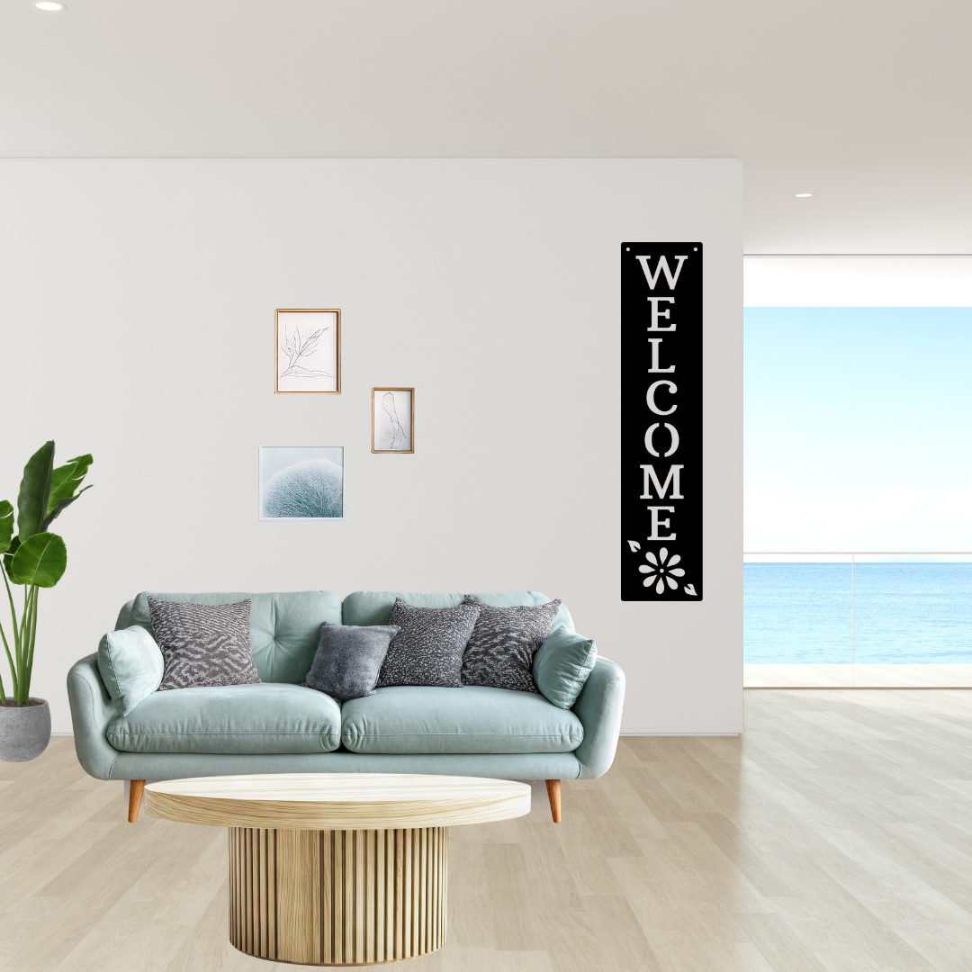 Warm Welcome | Welcome Vertical Metal Wall Sign showcased in a stylish home entryway.