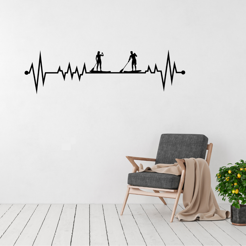 Waterbound Duo | Paddleboarding Heartbeat Metal Wall Art displayed in a modern living room.