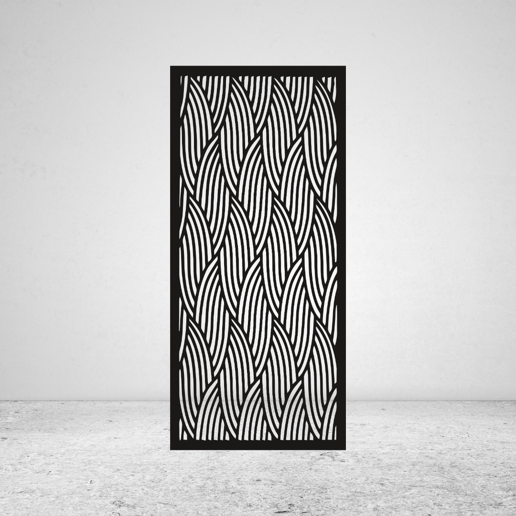 Waveform flowing metal privacy screen with repeating curved line pattern and organic design