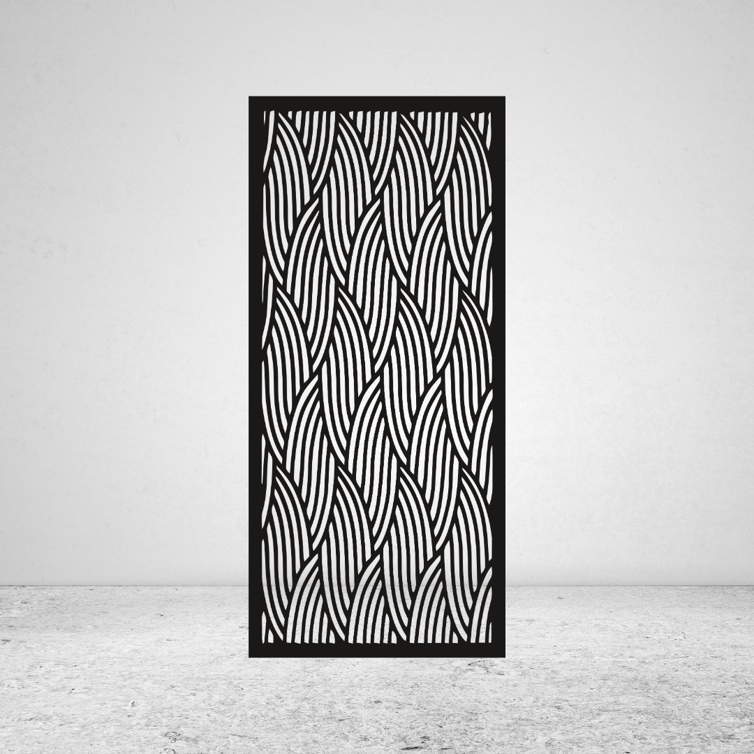 Waveform flowing metal privacy screen with repeating curved line pattern and organic design