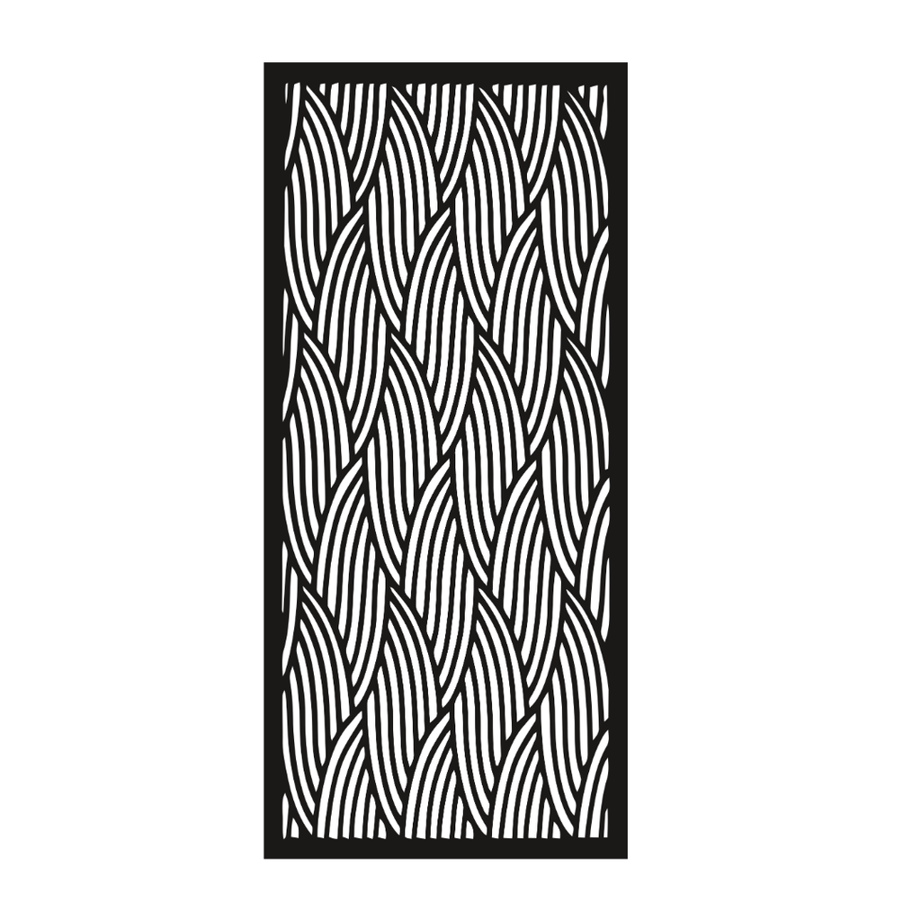 Waveform decorative metal privacy panel isolated on a white background showing its flowing curved detailing