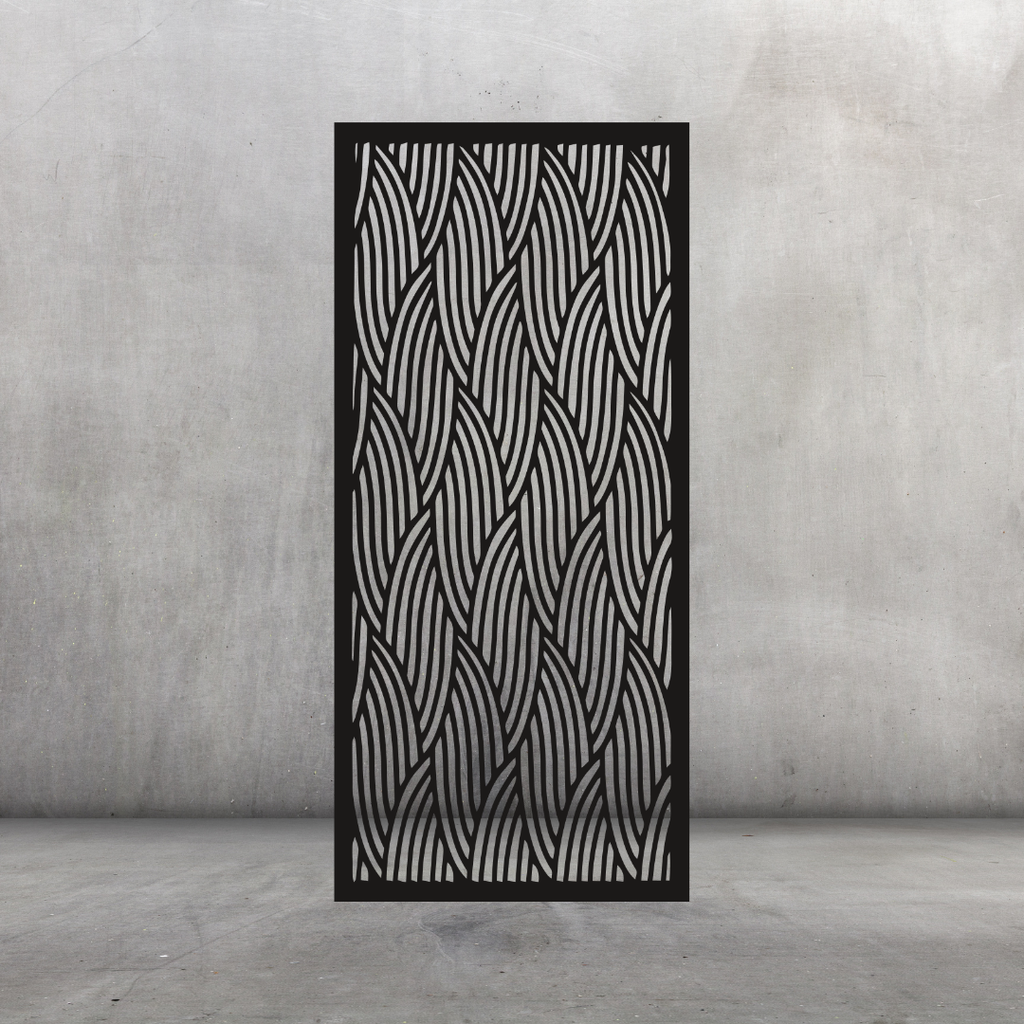Waveform contemporary metal privacy screen displayed against a dark grey wall with repeating wave-inspired pattern