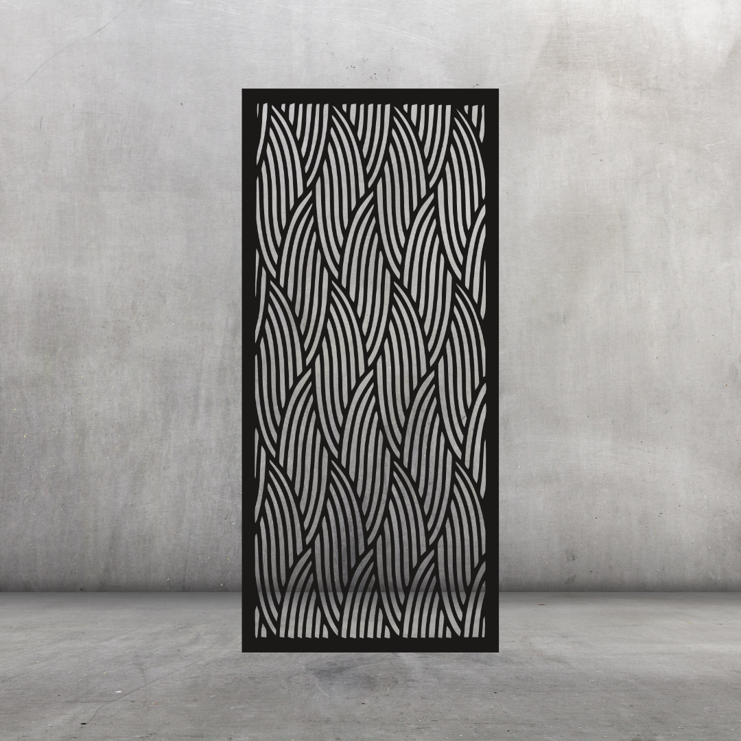 Waveform contemporary metal privacy screen displayed against a dark grey wall with repeating wave-inspired pattern