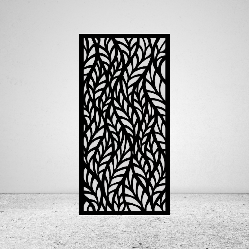 Waving Canopy flowing leaf metal privacy screen against a light grey wall with organic botanical design