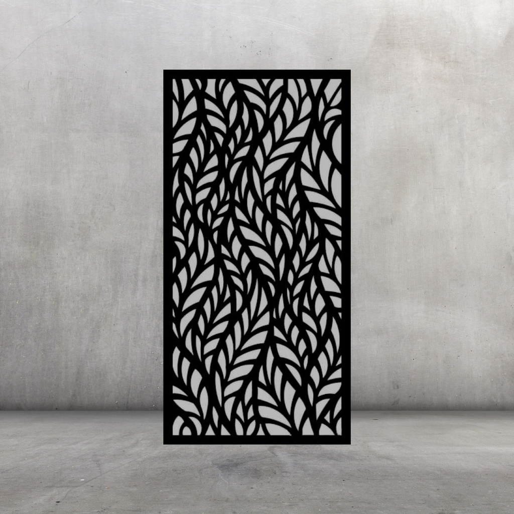 Waving Canopy nature-inspired metal privacy screen displayed against a dark grey wall with flowing foliage pattern