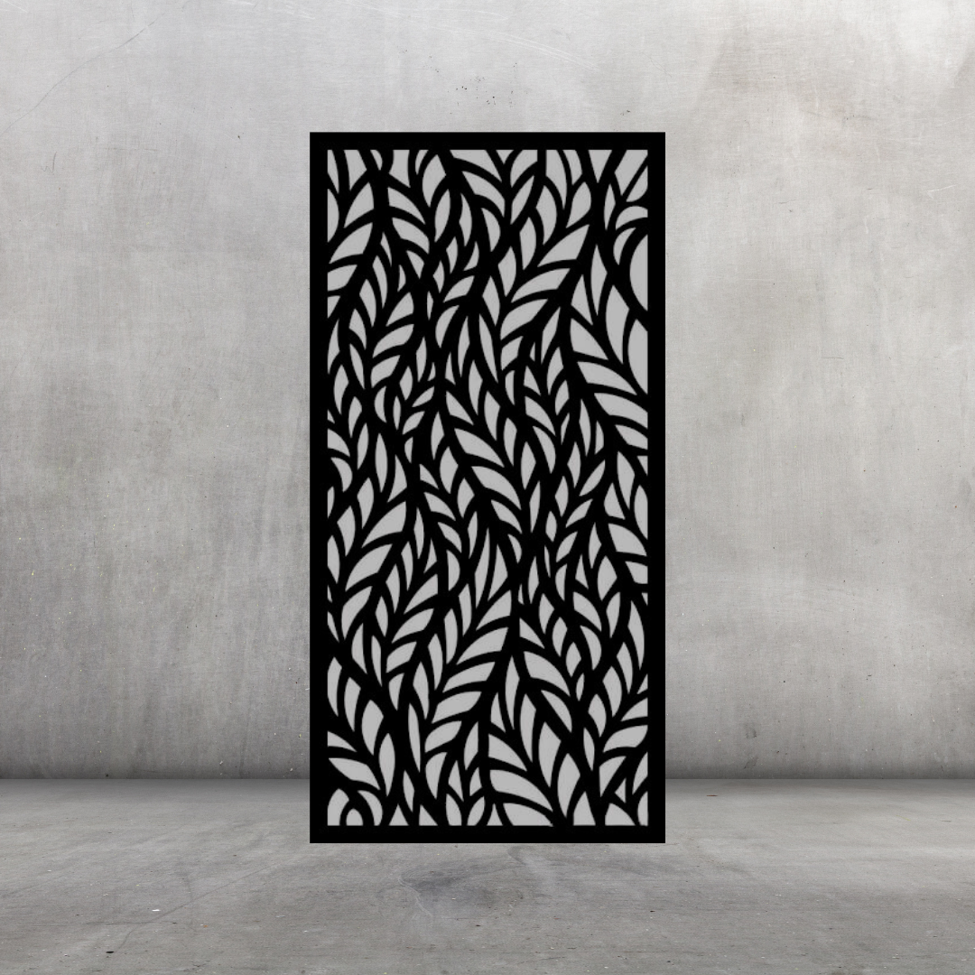 Waving Canopy nature-inspired metal privacy screen displayed against a dark grey wall with flowing foliage pattern