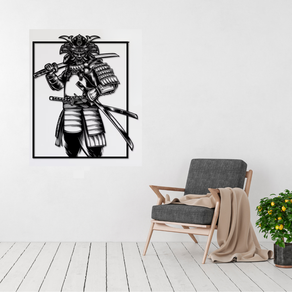 Way of the Warrior | Samurai Metal Wall Art displayed above a modern accent chair in a minimalist living room, showcasing detailed Japanese samurai steel wall décor with a contemporary black metal frame.
