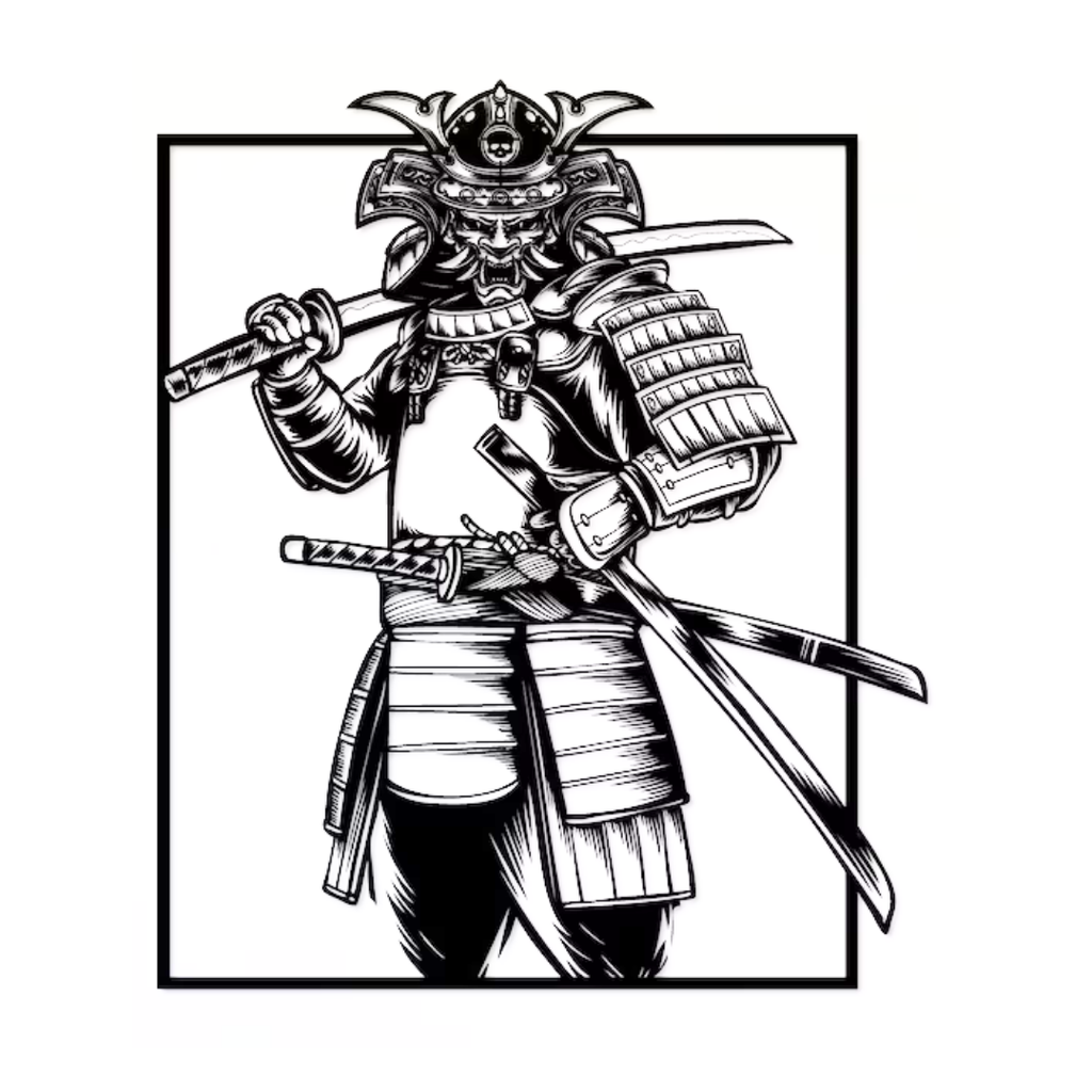 Way of the Warrior | Samurai Metal Wall Art mounted above a modern sofa in a stylish living room, featuring an intricate Japanese samurai warrior design crafted from premium black metal for contemporary home décor.