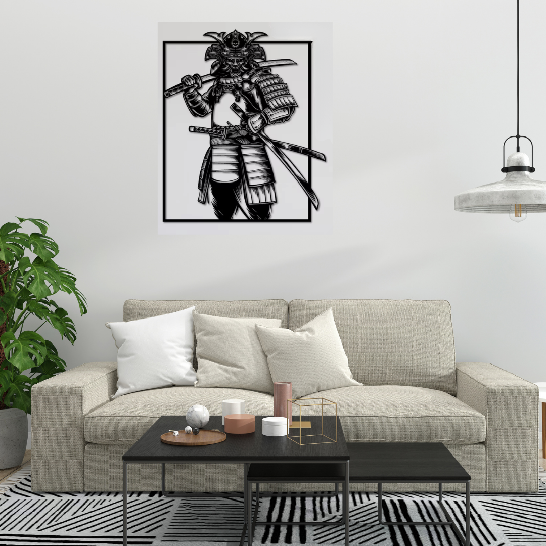 Way of the Warrior | Samurai Metal Wall Art featuring an intricately detailed Japanese samurai holding twin katanas within a modern geometric frame, crafted from premium black metal for contemporary home, office, gaming room, or martial arts-inspired décor.